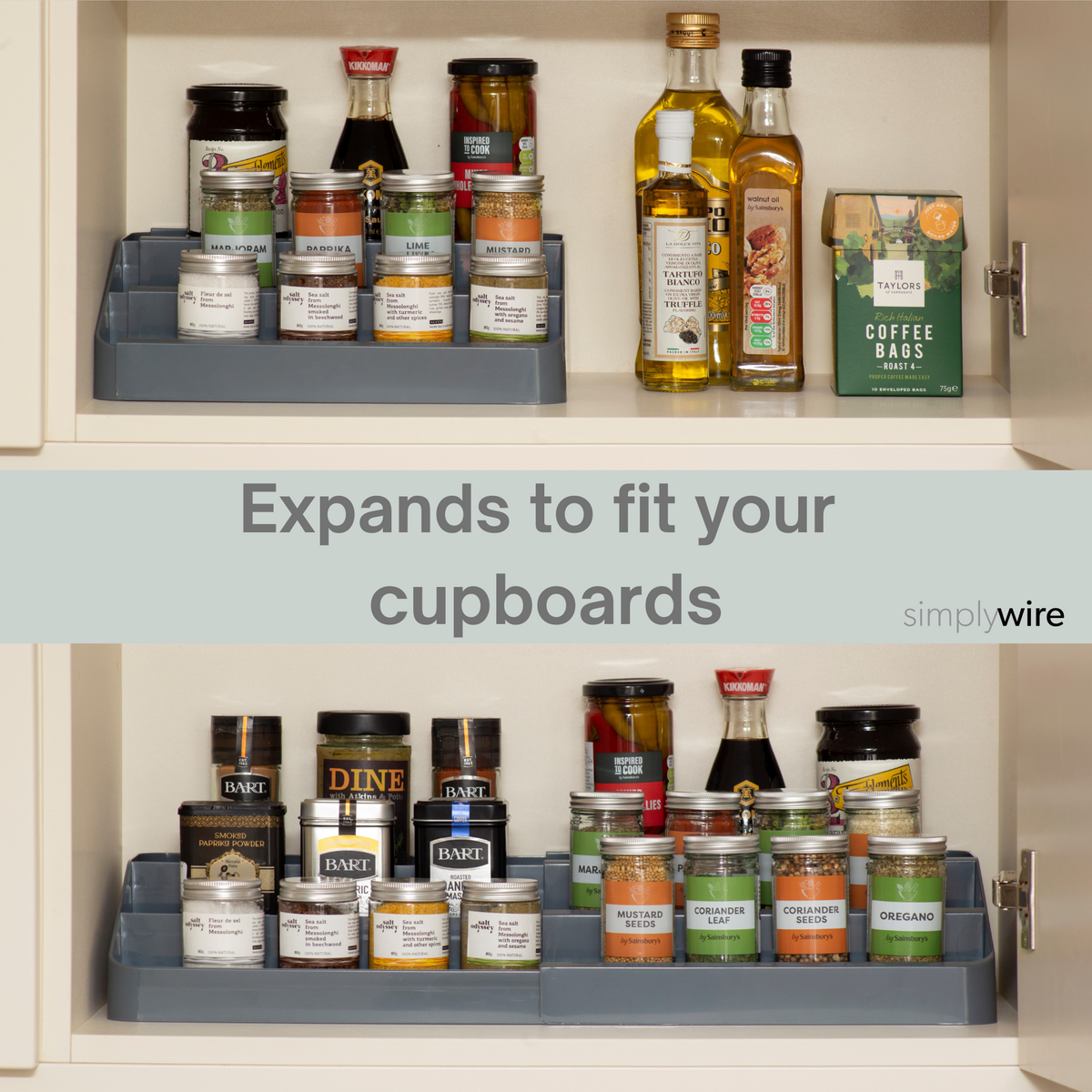 Expandable 3 Tier Spice Rack Kitchen Cupboard Organizer Grey