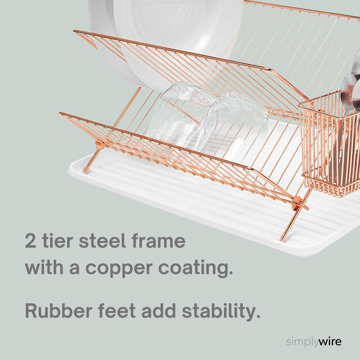 Folding Dish Drainer Plate Drying Rack with Cutlery Holder Copper simplywire