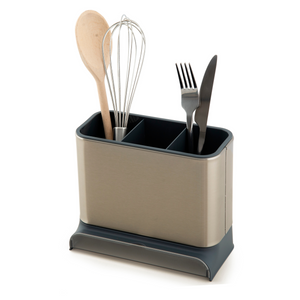 Kitchen Sink Caddy - Utensil Holder - Cutlery Tidy Organiser - Removable Drip Tray - Non-Slip - Grey and Stainless Steel