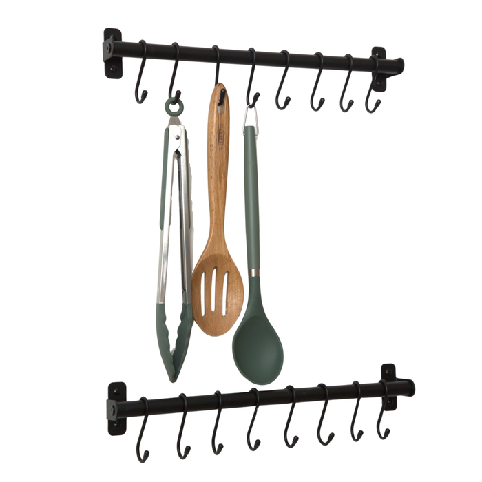 Kitchen Utensil Holder & Organiser – Pack of 2 - Wall Mounted Rail Pan Rack – 16 Hanging Hooks – Black