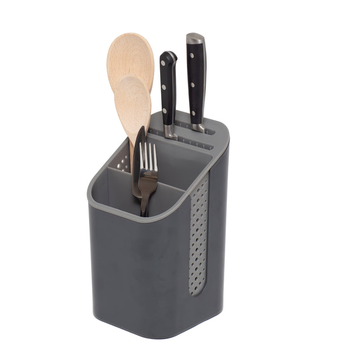 Kitchen Sink Caddy - Utensil Organiser with Knife Holder - Cutlery Tidy -Removable Drip Tray - Non-Slip - Grey