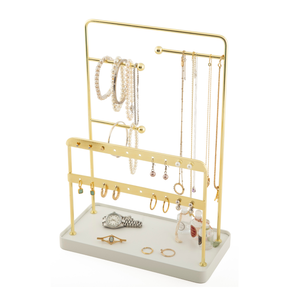 Jewellery Stand - Necklace & Earring Organiser with Bracelet Holder - Gold with White Tray