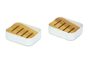 Pack of 2 – Plastic Soap Dishes with Natural Slanted Bamboo Shelf – Bathroom Soap Holders - White