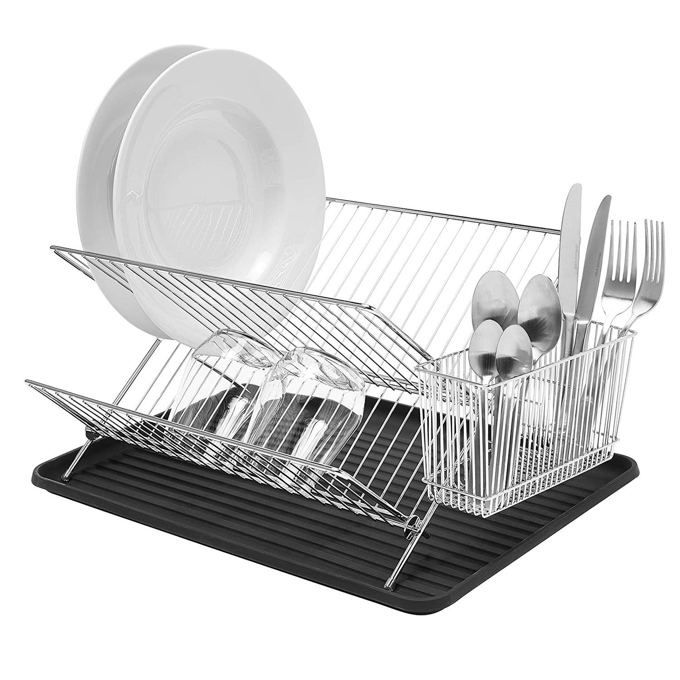 Folding Dish Drainer – Plate Drying Rack with Cutlery Holder