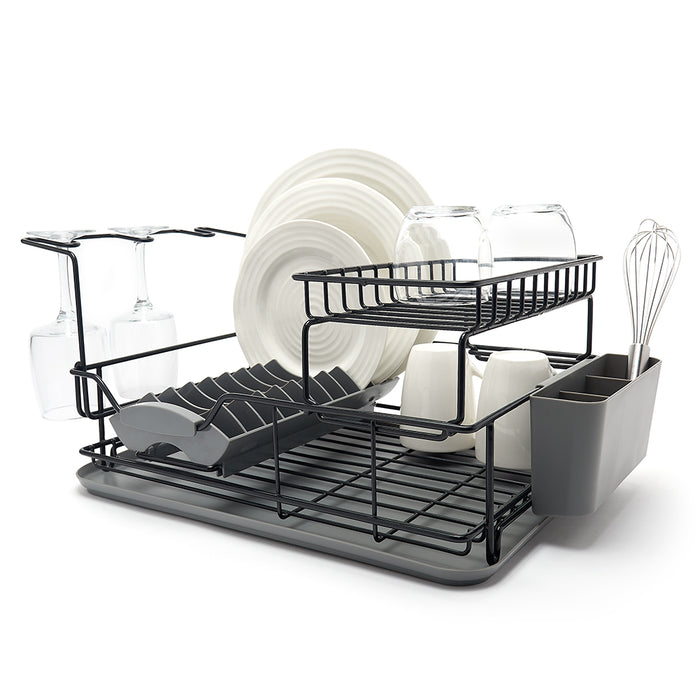 Two Tier Dish Drainer – Removable Over Sink Plate Drying Rack, Wine Glass Holder & Cutlery Basket - Black Plastic Coated Steel