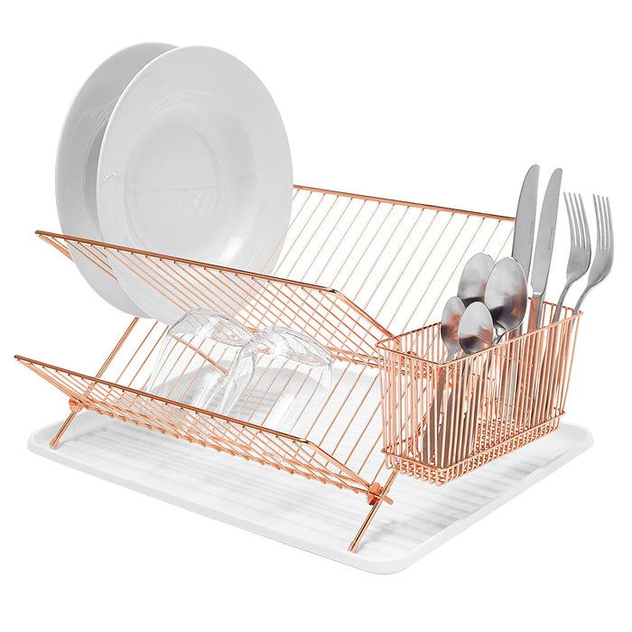 Folding Dish Drainer – Plate Drying Rack with Cutlery Holder - Copper Chrome Plated Steel