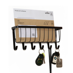 Letter and Key Holder - Wall Mounted – 6 Hooks - Matt Black