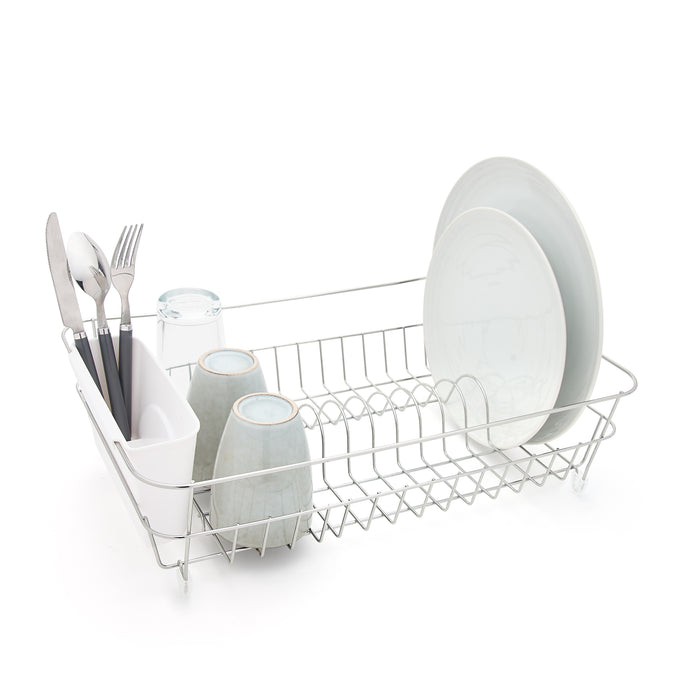 Dish Drainer - Anti Rust Drying Rack – Chrome with White Cutlery Basket