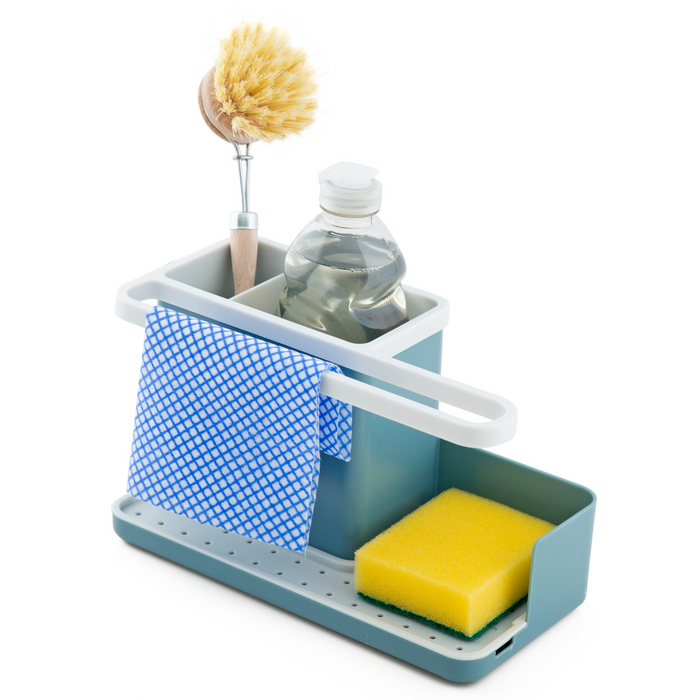 Sink Tidy/Caddy – Kitchen Sink Organiser – Removable Drip Tray – Non-Slip – Teal Blue and White