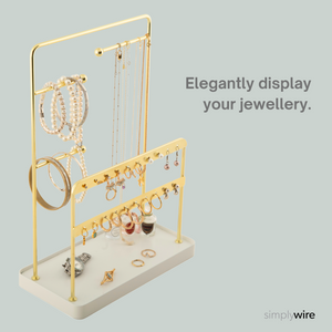 Jewellery Stand - Necklace & Earring Organiser with Bracelet Holder - Gold with White Tray