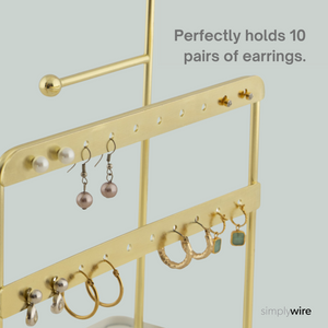 Jewellery Stand - Necklace & Earring Organiser with Bracelet Holder - Gold with White Tray