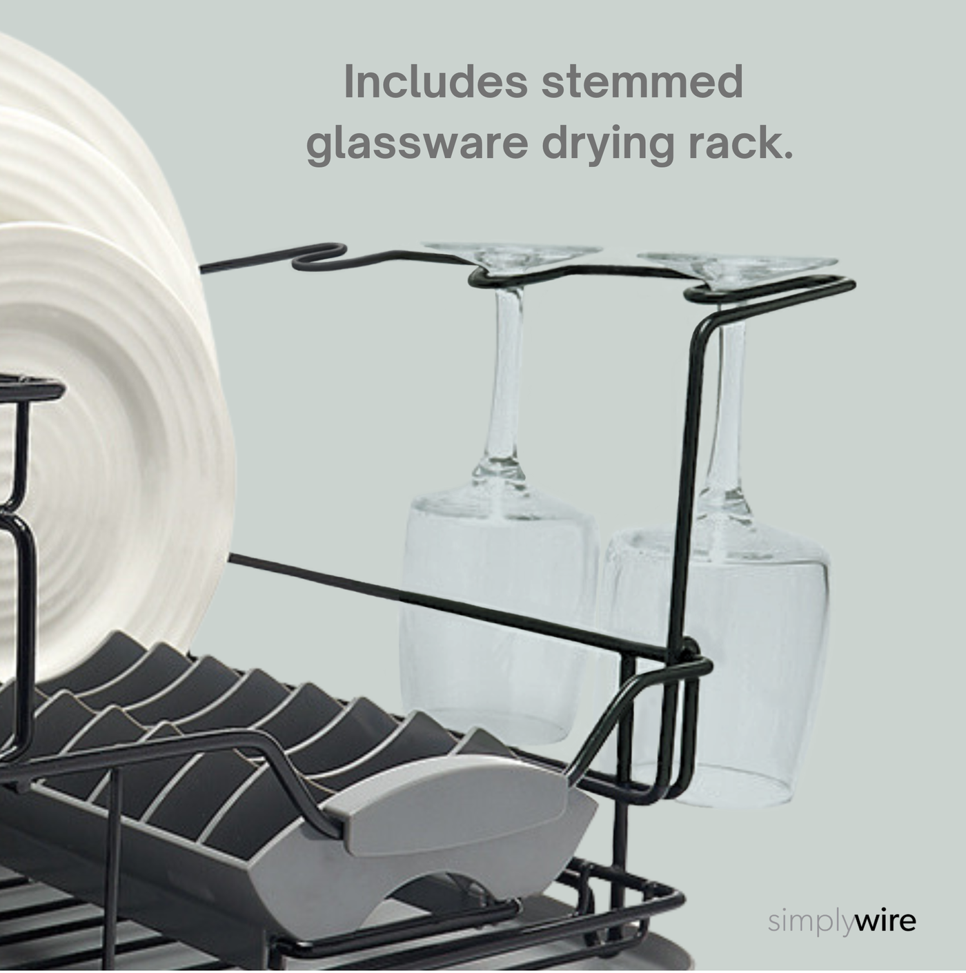 Two Tier Dish Drainer Removable Over Sink Plate Drying Rack Wine Glass Holder Cutlery Basket Black Plastic Coated Steel