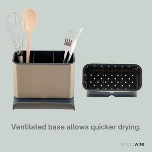 Kitchen Sink Caddy - Utensil Holder - Cutlery Tidy Organiser - Removable Drip Tray - Non-Slip - Grey and Stainless Steel