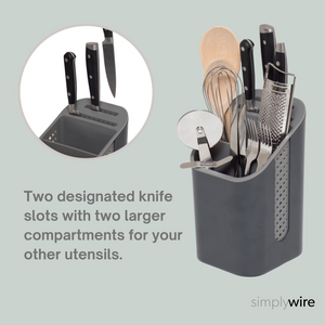 Kitchen Sink Caddy - Utensil Organiser with Knife Holder - Cutlery Tidy -Removable Drip Tray - Non-Slip - Grey