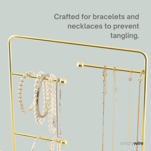 Jewellery Stand - Necklace & Earring Organiser with Bracelet Holder - Gold with White Tray