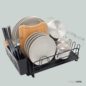 Premium Dish Drainer – Plate Drying Rack with Cutlery Holder & Drip Tray – Black Powder Coated Steel