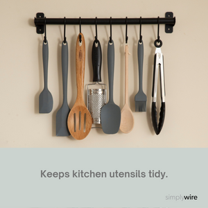 Kitchen Utensil Holder and Organiser – Wall Mounted Rail Pan Rack – 8 Hanging Hooks – Black