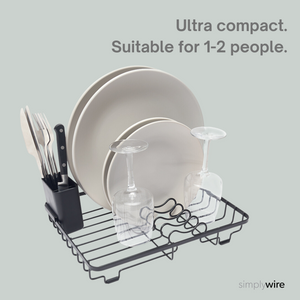 Compact Dish Drainer – Plate Drying Rack with Cutlery Basket – Small - Black Powder Coated Steel