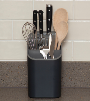 Kitchen Sink Caddy - Utensil Organiser with Knife Holder - Cutlery Tidy -Removable Drip Tray - Non-Slip - Grey