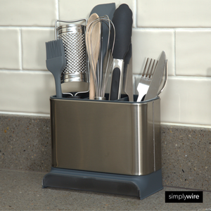 Kitchen Sink Caddy - Utensil Holder - Cutlery Tidy Organiser - Removable Drip Tray - Non-Slip - Grey and Stainless Steel