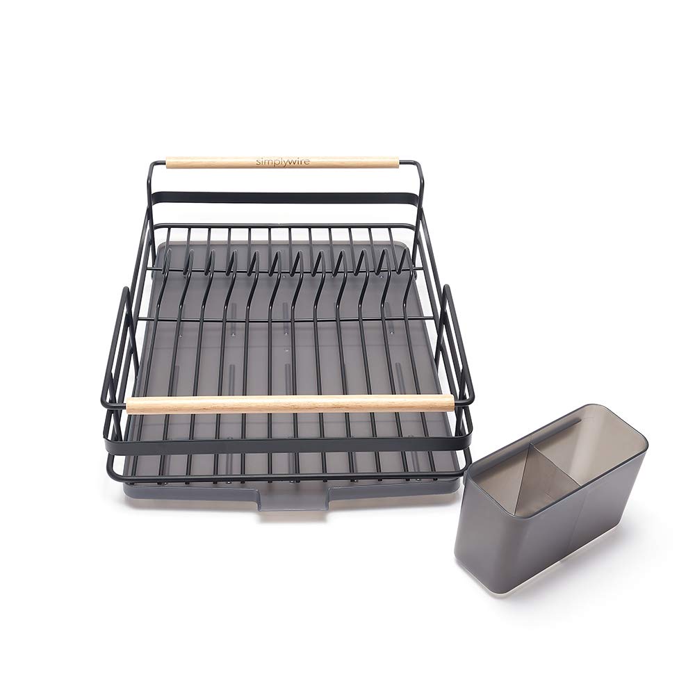 Retro Premium Dish Drainer Plate Drying Rack with Cutlery Holder Drip Tray Black Powder Coated Steel