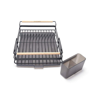 Retro Premium Dish Drainer – Plate Drying Rack with Cutlery Holder & Drip Tray - Black Powder Coated Steel