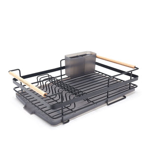 Retro Premium Dish Drainer – Plate Drying Rack with Cutlery Holder & Drip Tray - Black Powder Coated Steel