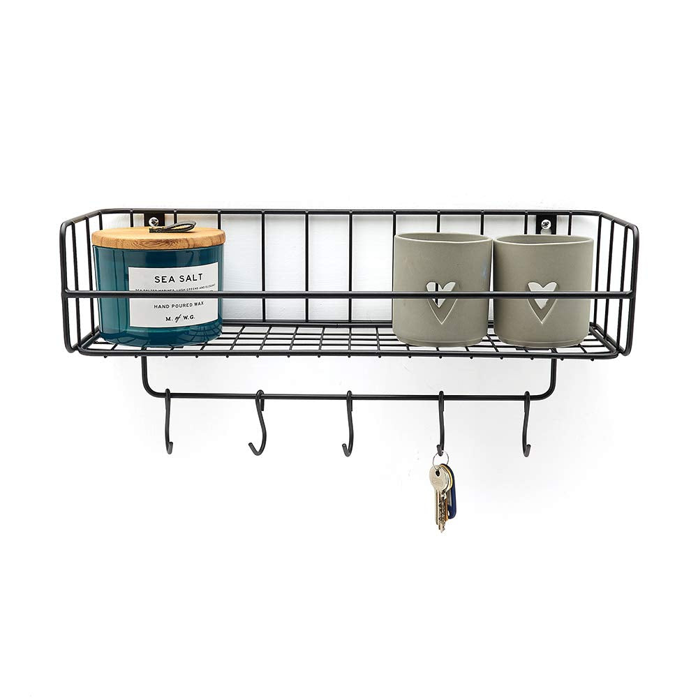 Floating Wire Basket Shelf with 5 Hooks - Wall Mounted – Matt Black