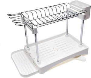 Modern Two Tier Dish Drainer - Compact - White & Chrome - Plastic