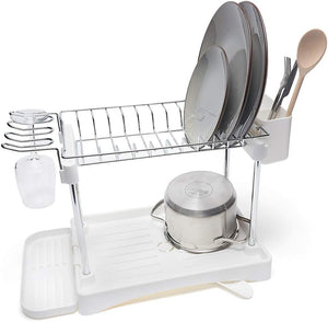 Modern Two Tier Dish Drainer - Compact - White & Chrome - Plastic