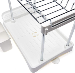 Modern Two Tier Dish Drainer - Compact - White & Chrome - Plastic