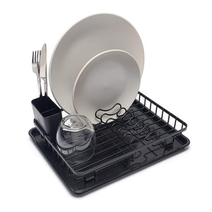 Compact Dish Drainer – Plate Drying Rack with Drip Tray & Cutlery Basket – Small - Black Powder Coated Steel