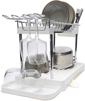 Modern Two Tier Dish Drainer - Compact - White & Chrome - Plastic