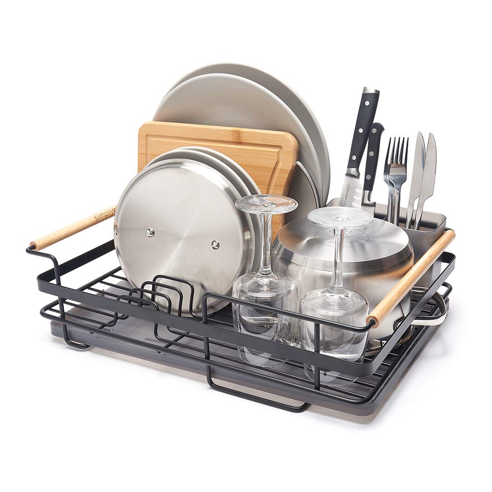 Navaris Dish Drainer Rack - Plate, Silverware, Pots and Pans Drying Rack  for Kitchen with Beechwood Handles - Modern Retro Design Drip Tray - Black