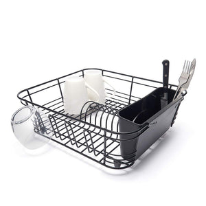 Dish Drainer with Cutlery Basket and Glass Drying Hooks - Black Plastic Coated Steel