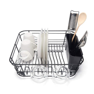 Dish Drainer with Cutlery Basket and Glass Drying Hooks - Black Plastic Coated Steel