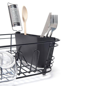 Dish Drainer with Cutlery Basket and Glass Drying Hooks - Black Plastic Coated Steel