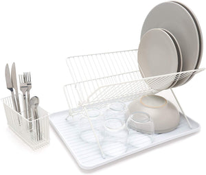 Folding Dish Drainer – Plate Drying Metal Rack with Cutlery Holder - White