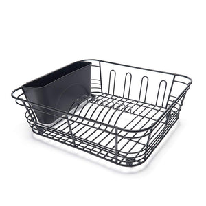 Dish Drainer with Cutlery Basket and Glass Drying Hooks - Black Plastic Coated Steel