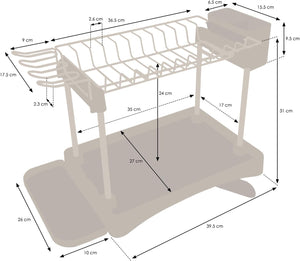 Modern Two Tier Dish Drainer - Compact - White & Chrome - Plastic