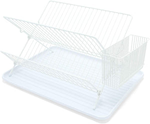 Folding Dish Drainer – Plate Drying Metal Rack with Cutlery Holder - White