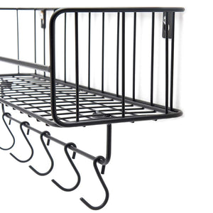 Floating Wire Basket Shelf with 5 Hooks - Wall Mounted – Matt Black