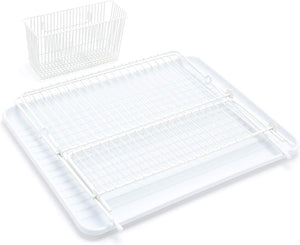 Folding Dish Drainer – Plate Drying Metal Rack with Cutlery Holder - White