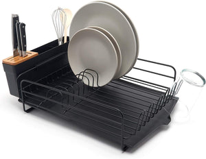 Premium Dish Drainer – Plate Drying Rack with Cutlery Holder & Drip Tray – Black Powder Coated Steel