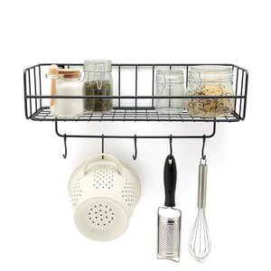 Floating Wire Basket Shelf with 5 Hooks - Wall Mounted – Matt Black