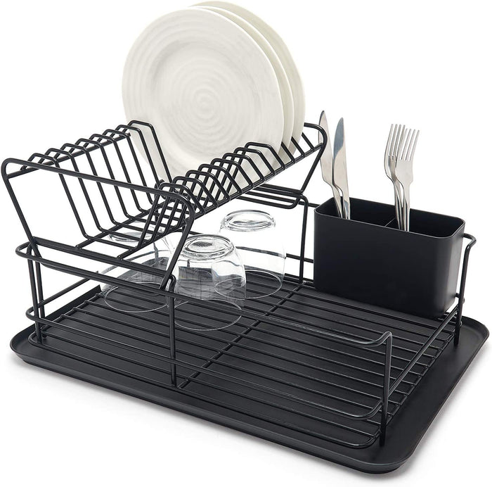 Two Tier Dish Drainer – Removable Plate Drying Rack & Cutlery Holder - Black Plastic Coated Steel