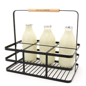 Retro 6 Unit Milk Bottle Holder – Wine Bottle Carrier – Black Flat Wire