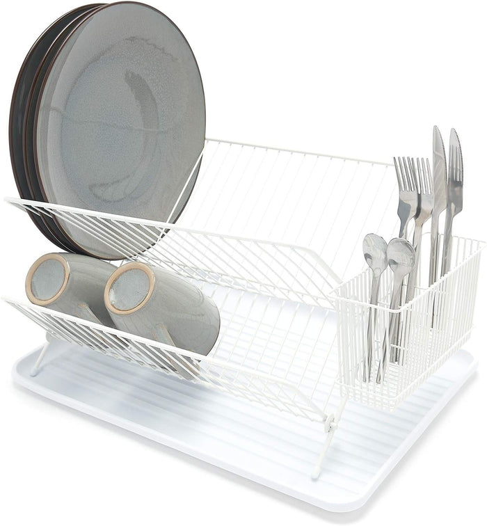 Folding Dish Drainer – Plate Drying Metal Rack with Cutlery Holder - White