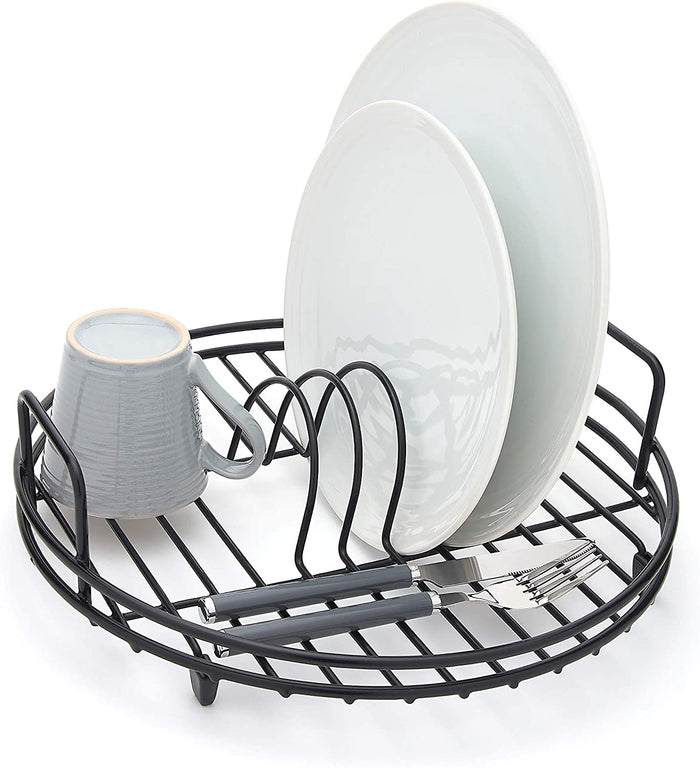 Circular Dish Drainer - Round Sink Drying Rack - Black Plastic Coated Steel